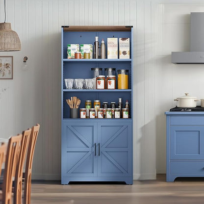 VINGLI Blue Bookcase with Doors and Adjustable Shelves, Steel 70" Tall Bookshelf Display Cabinet, 6-Tier Tall Farmhouse Metal Storage Cabinet for Study, Living Room, Home Office, Kitchen Pantry