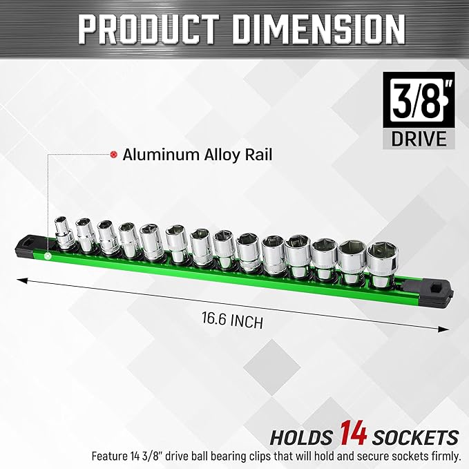 ALOANES 3/8-Inch Drive Magnetic Socket Organizer, Heavy Duty Aluminum Rail Organizer, 360 Swivel Clips Socket Holder Kit for Tool Box, 14 Clips (Green)