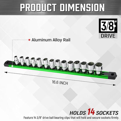 ALOANES 3/8-Inch Drive Magnetic Socket Organizer, Heavy Duty Aluminum Rail Organizer, 360 Swivel Clips Socket Holder Kit for Tool Box, 14 Clips (Green)