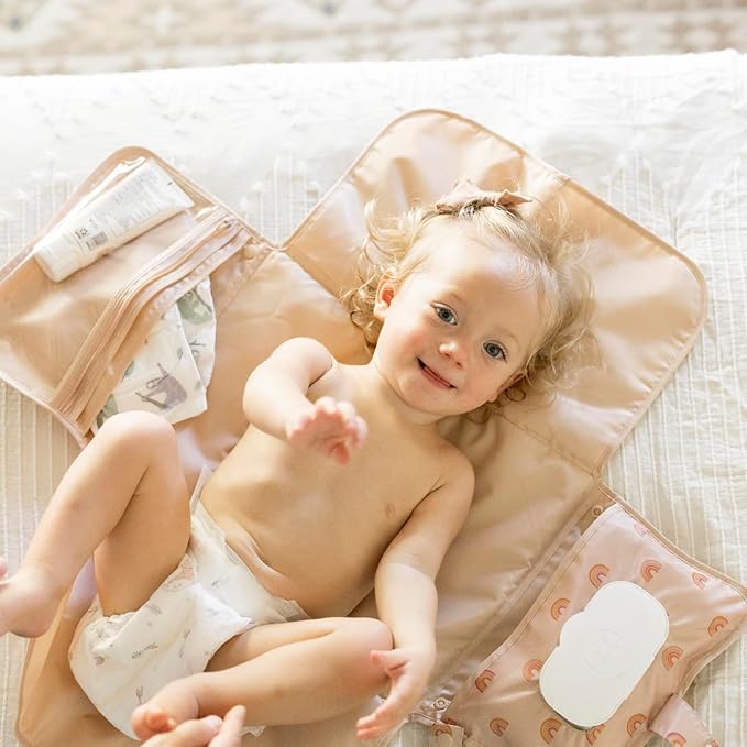 Tiny Twinkle Portable Diaper Changing Pad-Foldable Waterproof Changing Mat&Portable Changing Pad for Travel,Baby Changing Station with Smart Wipes Pocket&Storage (Boho Rainbow)