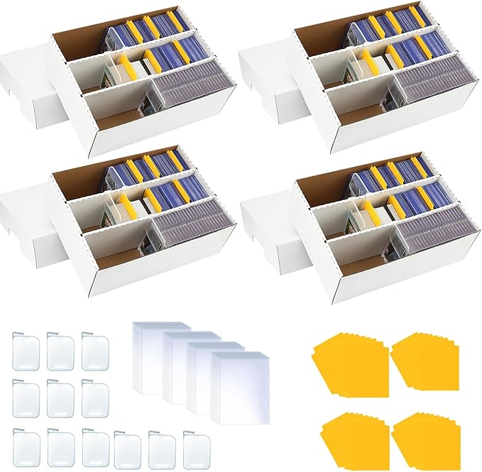 4Pack 3Pack Card Box for Trading Card, 2400-count Cardboard Card Storage Box, 3-Row bulk Card Storage box with 150 Soft Sleeves & 24 Dividers,Card Organizer Box for TCG/Magic/Mtg, Toploader