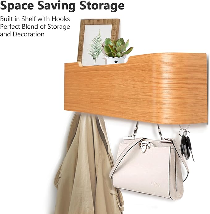 Coat Rack Wall Mount with Hidden Hooks Modern Key Holder Wood Entryway Hook with Shelf for Bedroom Kitchen Hallway Bathroom Designed for Hanging Coats Hats Bags Towels Dog Leashe(Oak,4 Hooks)