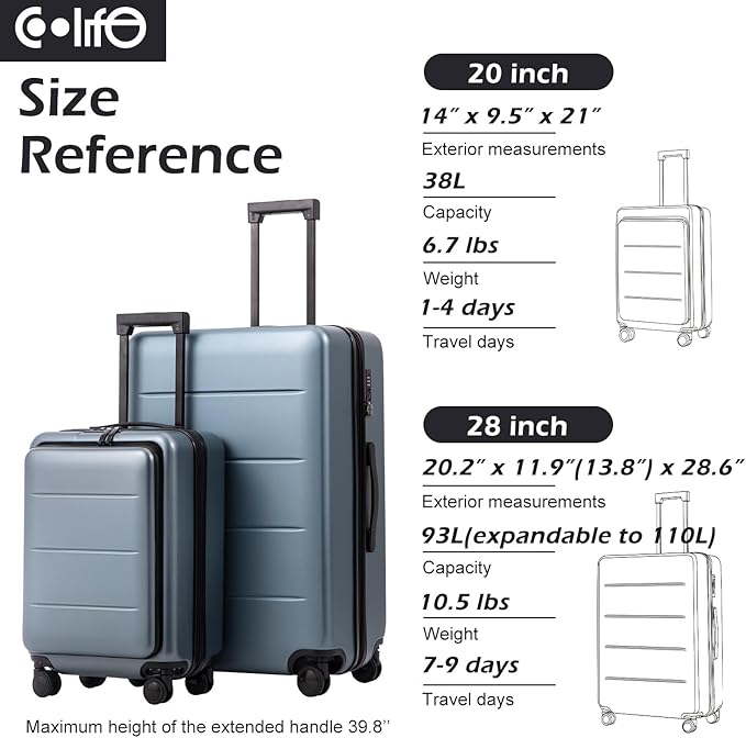 Coolife Carry-On Luggage, 20-inch Lightweight Hardshell, Airline-Certified ABS+PC, Pocket Compartment (White, 20-inch Carry-On)