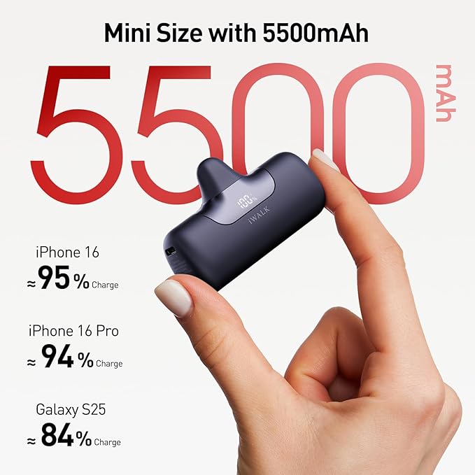 iWALK Portable Charger 5500mAh Next-Gen Small Power Bank 22.5W Fast Charging Battery USB-C Portable Phone Charger for iPhone 16/15 16 Plus 16 Pro Max iPad, Samsung Galaxy S25 S24 S23 Android, Black