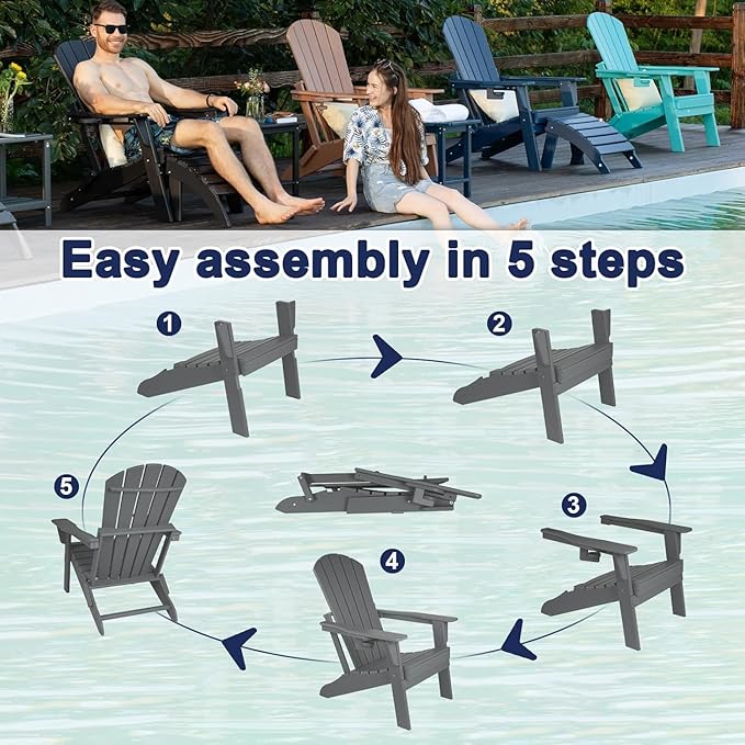Folding Adirondack Chair with Cup Holder, HDPE Patio Chairs, All-Weather Outdoor Chairs for Backyard, Deck, Fire Pit-Coffee