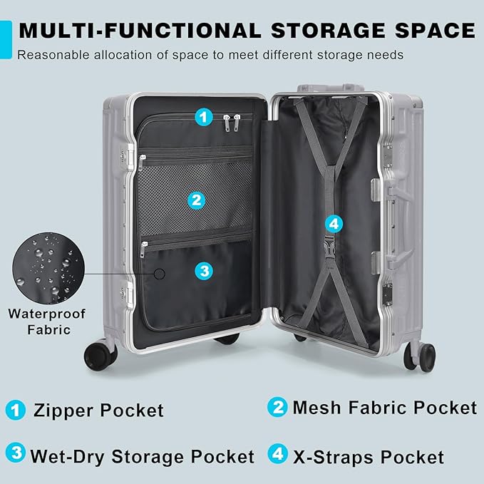 AnyZip Carry On Luggage PC+ABS Aluminum Frame Zipperless Luggage Hard Shell Suitcase with TSA Lock Double Spinner Wheels 20 Inch Silver