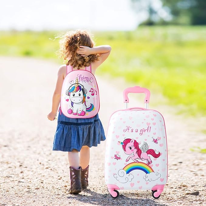 HONEY JOY Kids Luggage, 12" Toddler Backpack & 16" Travel Suitcase with Wheels, Lightweight Toddler Girls Suitcase, Durable ABS Hardshell, 2Pcs Carry On Luggage Set for Boys Girls(Unicorn)