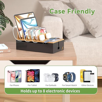 Pezin & Hulin Cable Management Box, Docking Station for Multi Devices, with 5 Ports Charge Adapter and 6 Cables, Wire Organizer for Cords, Box to Hide Cords and Storage Power Strip -Natural + Black