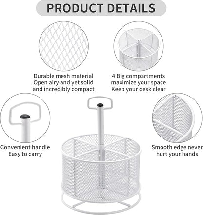 Marbrasse Mesh Desk Organizer, 360-Degree Rotating Multi-Functional Pen Holder, 4 Compartments Desktop Stationary Organizer, Home Office Art Supply Storage Box Caddy (White)