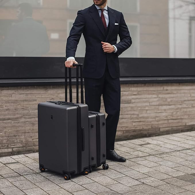 LEVEL8 Checked Luggage, Large Suitcase, Lightweight Luminous Textured Tsa Approved Medium Hardside Luggages with 8 Spinner Wheels, 24 Inch, Dark Grey