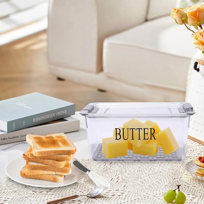 Butter Dispenser Box for Refrigerator,Butter Dish with Airtight Lid,BPA Free Butters Sticks Container with Butters Knife for Countertop kitchen decor and accessories,Clear Fridge Storage Box
