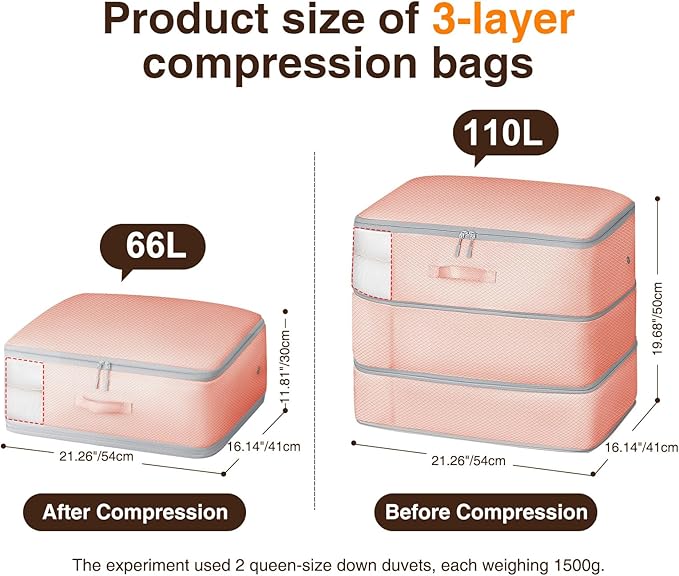 2 Pack Compression Storage Bags - 110L Large Capacity Comforter Storage Bag, 3-Layer Washable Ultra Space Saving Self Compression Organizer Space Bags for Blankets, Sweaters, Sheets, Pink