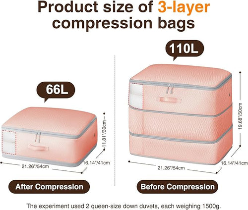2 Pack Compression Storage Bags - 110L Large Capacity Comforter Storage Bag, 3-Layer Washable Ultra Space Saving Self Compression Organizer Space Bags for Blankets, Sweaters, Sheets, Pink