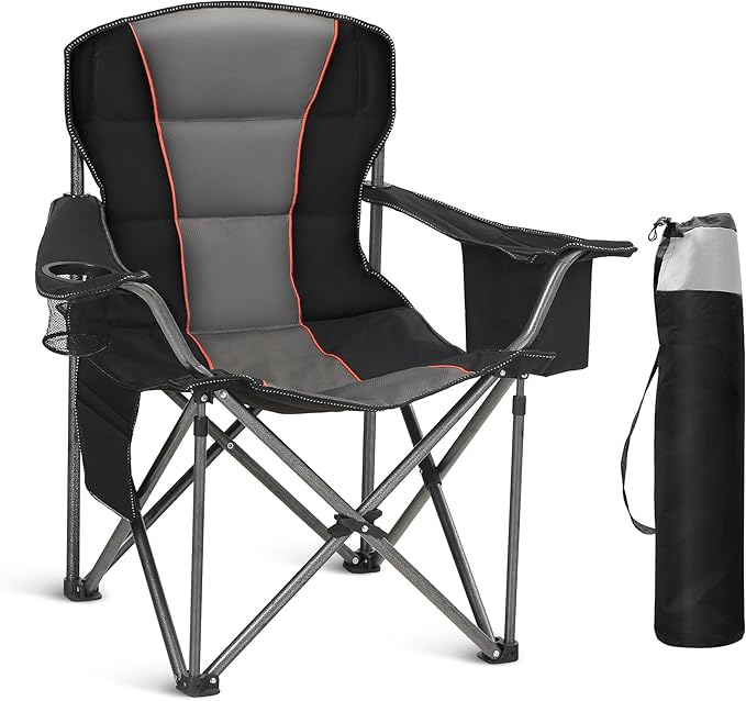 HIGH POINT SPORTS Oversized Portable Camping Folding Chair, Heavy Duty Foldable Outdoor Chair, Camp Chair with Cup Holder and Cooler Bag Support 450 LBS, Black…