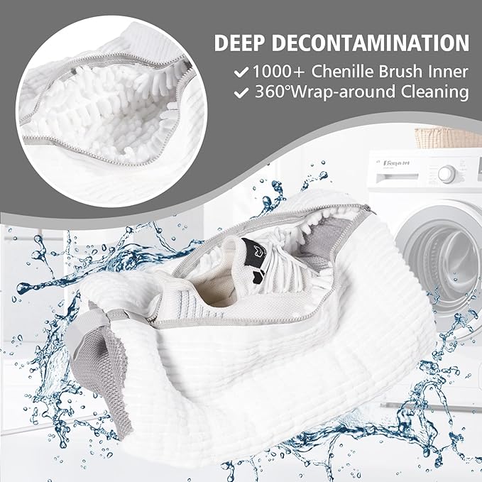 HEAVYWOOD Shoes Bag for Washing Machine Reusable Shoe Cleaning Washing Machine Bag Sturdy Anti-Rust Zipper 15.7’’*7.8’’ Shoe Laundry Bag for Washer and Dryer for Sneakers, Trainers (White, 2Packs)