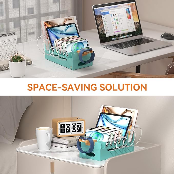 Pezin & Hulin Bamboo Charging Station with Watch Stand, Docking Holder for Multi Device with 5 Charge Cables, Desktop Dock Stations Electronic Organizer for Cellphone, Tablet, Watch-Teal