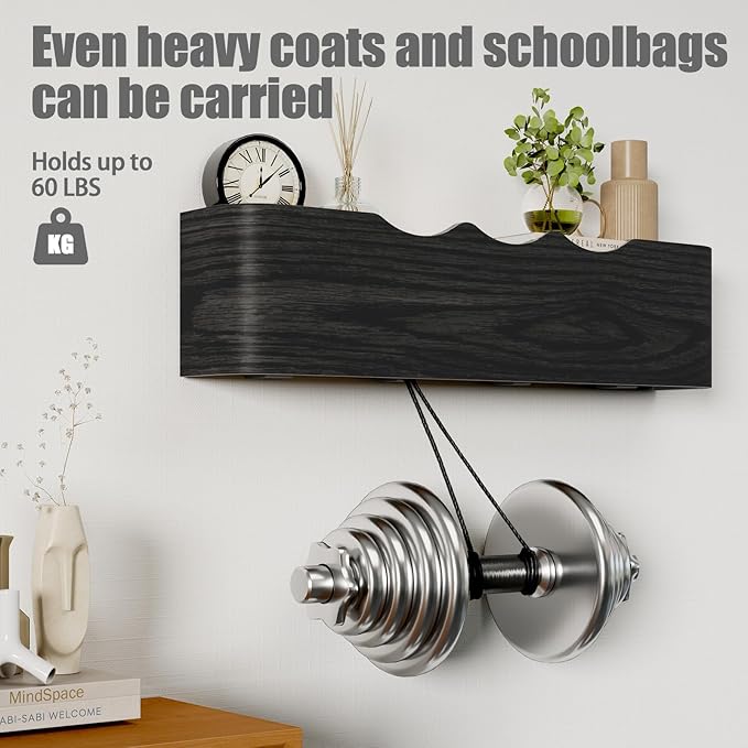 Coat Rack Wall Mount with Shelf 4 Hidden Hooks Modern Wooden Key Holder Entryway Organizer for Hallway Bedroom Bathroom Home Decor Storage for Hanging Coats Hats Bags Towels, Wave-Shape Black