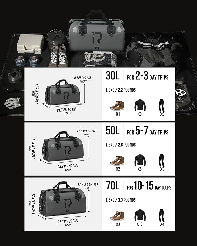IRON JIA'S Motorcycle Dry Bag - Waterproof Duffle & Luggage Tail Bag Saddle Bags with Roll Top Closure, Shoulder Straps, Inner Pocket and Mesh Pocket (Grey, 70L)