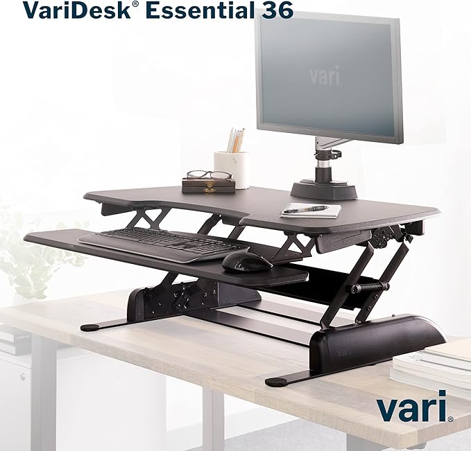Vari - VariDesk Essential 36 - Two-Tier Standing Desk Converter for Monitor & Accessories - Height Adjustable Sit Stand Desk - Fully Assembled Monitor Riser for Home Office - 36" Wide, Black