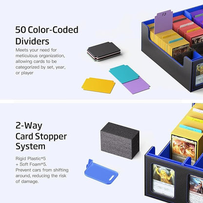 Trading Card Storage Box 5-Row 3900+ Capacity,TCG MTG Card Case with Magnetic Lid & Commander Display,Top Loader Storage for Sports Cards,Includes Dividers Dice Box（Black＆Blue）