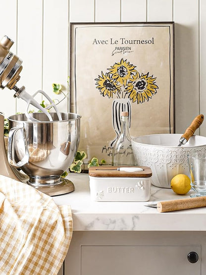 LE TAUCI Butter Dish with Lid for Countertop, Ceramic Butter Container, Embossed Butter Keeper with Acacia Wood lid, Knife, and Airtight Cover, Farmhouse Decor - Set of 1, Arctic White, Bee Pattern