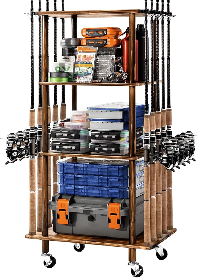 Ghosthorn Fishing Rod Holders for Garage Fishing Pole Rack Hold up to 10 Rods Fishing Pole Holders Wooden Organizer Fishing Rod Rack car Fishing Gear Storage Equipment (4 Tier)