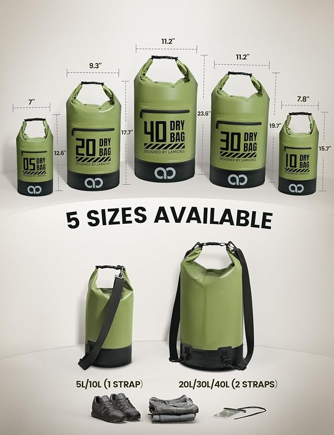 Lamicall Dry Bag Waterproof Backpack - [Zippered Pocket] 5L/10L/20L/30L/40L Roll Top Waterproof Bag with Water Proof Phone Pouch, Floatable Drybag for Swimming, Boating, Kayaking, Camping, Beach