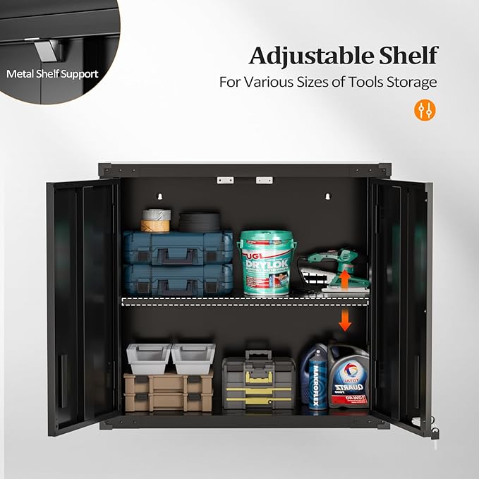 VINGLI Garage Wall Cabinet with Locking Doors and Adjustable Shelf, Metal Wall Cabinet, Floating Upper Storage Cabinet (Black, 30''W x 12''D x 28''H)