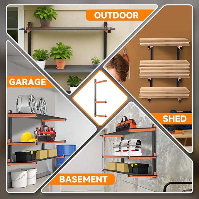 4 Pack Lumber Rack Wall Mount, Heavy Duty Wood Storage Racks, 6-Level System Organizer Shelving, 720 LBS Capacity Hanging Garage Shelves, Orange Brackets Utility Metal Shelf for Indoor and Outdoor