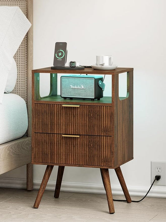 Nightstand with Charging Station and LED Lights, Modern Bedside Table with 2 Storage Drawer and Open Wood Shelf for Bedroom and Small Spaces, Night Stand with Solid Wood Legs