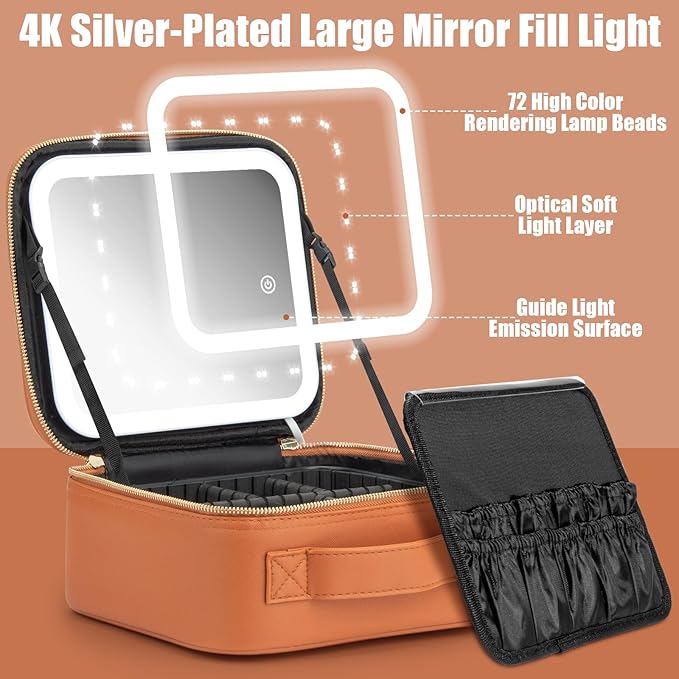 Makeup Travel Train Case with Mirror LED Light 3 Adjustable Brightness Large Cosmetic Bag Portable Storage Adjustable Partition Waterproof Makeup Brushes Make up Jewelry Gift for Women