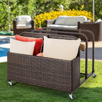 Poolside Float Storage Organizer, Outdoor Wicker Rattan Pool Float Holder Storage Rack for Basket Box Patio Pool Storage Caddy with Rolling Wheels for Pool Toy Noodles Equipment Accessroies Espresso