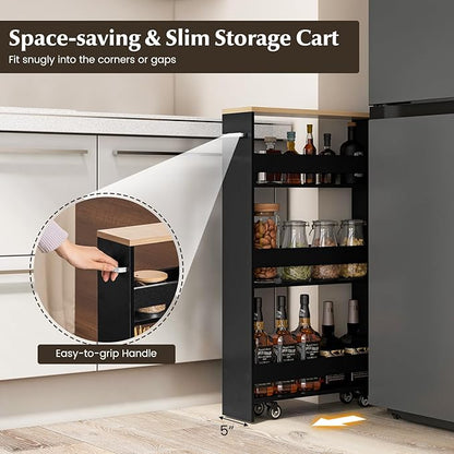 LOKO Slim Storage Cart, 4-Tier Rolling Cart with Handle & Wooden Top for Kitchen Bathroom Laundry Living Room Narrow Small Spaces, 5 Inches Width (Black & Natural)