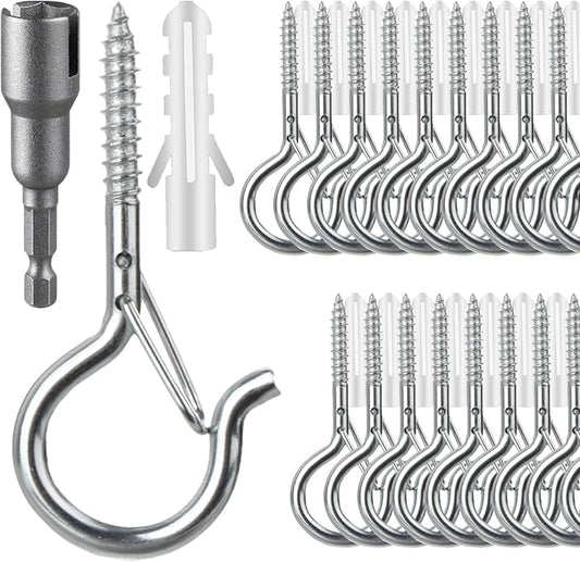 36 PCS Q-Hanger Hooks, Screw Hooks for Outdoor String Lights, Safety Buckle Design Cup Eye Hook for Hanging Christmas Lights, Plants, Mounted on Wall Ceiling, Include 1 Wing Nut Driver, Silver