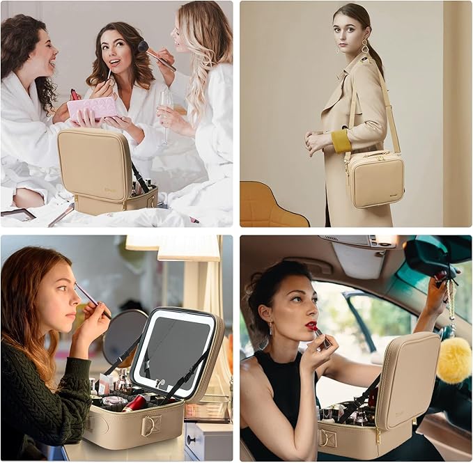 Mocado Travel Makeup Bag with LED Lighted Mirror,Travel Makeup Organizer,Makeup Case with 3 Color Lighted Setting and 10x Magnifying Mirror,Portable Storage and Adjustable Dividers Makeup Box(Khaki)