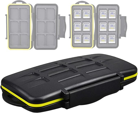 JJC MC-SD12 Ruggard SD Card Case, Shockproof SD Card Case, Water-Resistant SD Card Case, Rubber Sealed Ergonomic Locking Easy Carrying Memory Card Case Fits 12 SD Cards