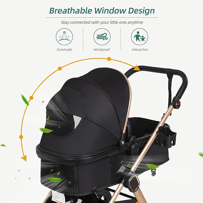 6-in-1 Convertible Baby Stroller with Bassinet Pushchair - Folding Infant Newborn Stroller w/Footmuff, Rain Cover, Cup Holder & Large Storage, Toddler w/All-Scene Large Wheels, Reversible Seat(Black)