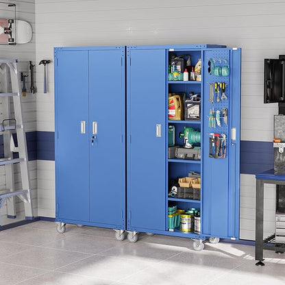 VINGLI 72'' Tall Metal Garage Storage Cabinet with Pegboards, Wheels, Locking Doors and Adjustable Shelves, File Cabinet/Tool Cabinet for Home Office/School (Blue, 32W x 16D x 72H)