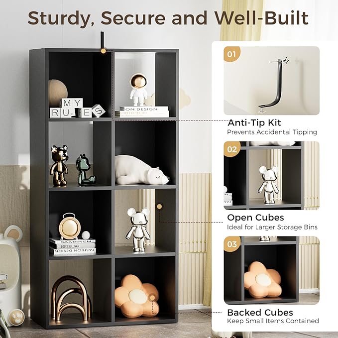 COMHOMA 8 Wood Cube Storage Organizer with Open Back and Removable Back Panels, 11In Black Cube Storage Bookshelf, Cubicle Shelf Bookcase for Home Office Bedroom Living Room, Vertical or Horizontal