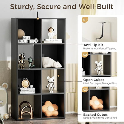 COMHOMA 8 Wood Cube Storage Organizer with Open Back and Removable Back Panels, 11In Black Cube Storage Bookshelf, Cubicle Shelf Bookcase for Home Office Bedroom Living Room, Vertical or Horizontal