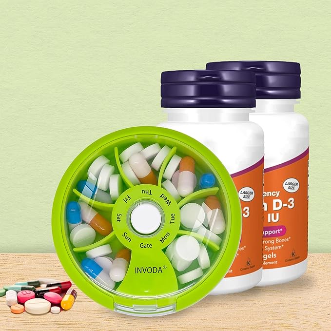 INVODA Weekly Pill Organizer 7 Compartment Rotating Pill Box for Daily Medication & Vitamins - Portable Travel Pill Case Fish Oil Supplements Vitamins Organizer (Green+Bag)