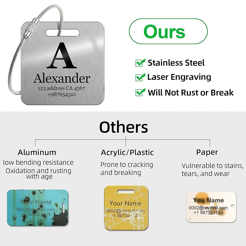 Customized Stainless Steel Luggage Tags: Personalize Your Suitcases, Backpacks, and Bags with Your Text - Custom Initial Text Name ID,Number(3 Pack)