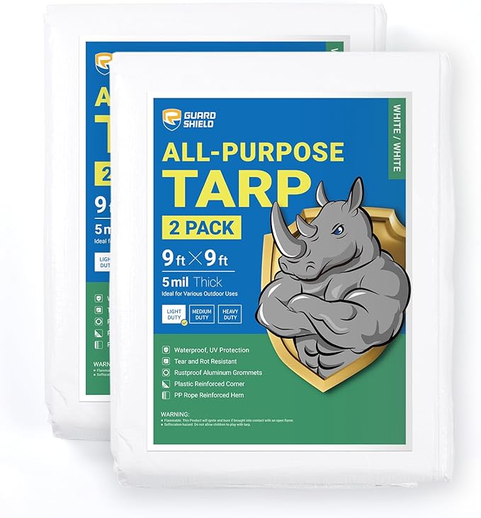 GUARD SHIELD Tarp White 9x9 Feet Multi Purpose Waterproof Poly Tarp Cover 5mil (2-Pack)