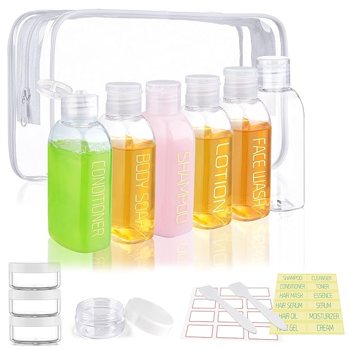 Cosywell Travel Bottles for Toiletries 10PCS Travel Shampoo and Conditioner Bottles TSA Approved Travel Size Containers Leakproof Plastic Cream Jars Refillable Cream Lotion Travel Essential Toiletrie