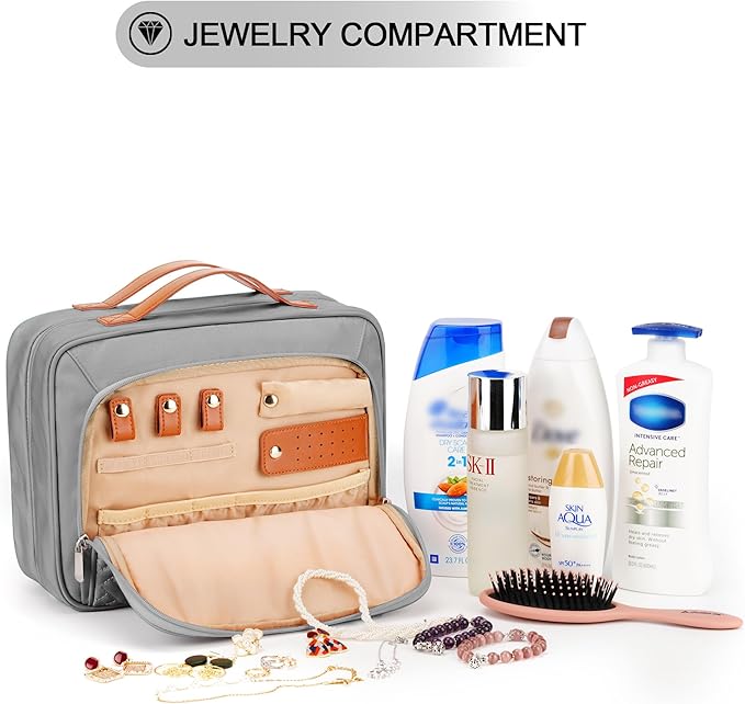 Travel Hanging Toiletry Bag for Women, with Jewelry Organizer Compartment, Medium Waterproof Hanging Makeup Accessories, Cosmetic Essentials, Toiletries Dopp Kit Set with Trolley Belt, Grey
