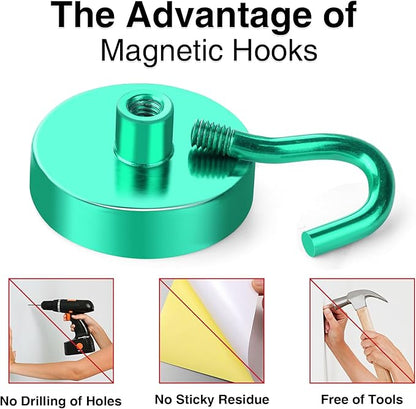MIKEDE Magnetic Hooks Heavy Duty, 170LB Strong Magnet with Hook for Fridge, Super Neodymium Extra Strength Industrial Hooks for Toolbox, Cruise, Grill(Green,10 Pack)