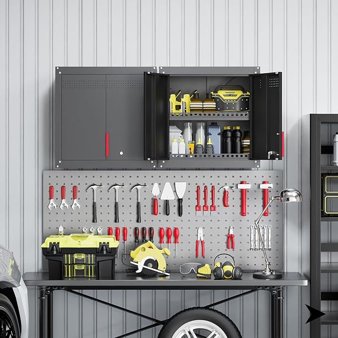 Metal Wall Cabinet,Wall Mounted Garage Storage Cabinet with Lock and Handle,Garage Wall Cabinet with Adjustable Shelves for Garages, Storage Rooms, Basements