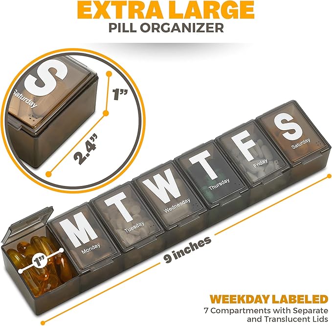 Weekly Pill Organizer - Extra Large with Easy to Read Jumbo Letters Vitamin Container, BPA Free - Daily Travel 7 Day Medication Pill Box Case, (Black)