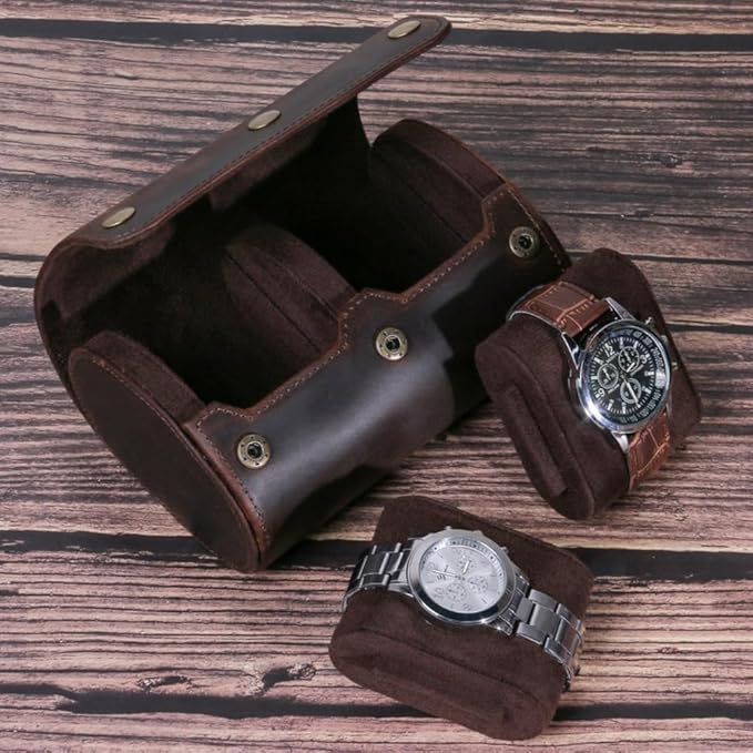 Genuine Leather Watch Roll Travel Case,2 Slots Vintage Full Grain Leather Watch Box with Pillow for Men,Watch Storage Organizer for Home Storage,Anniversary Birthday Christmas Gift