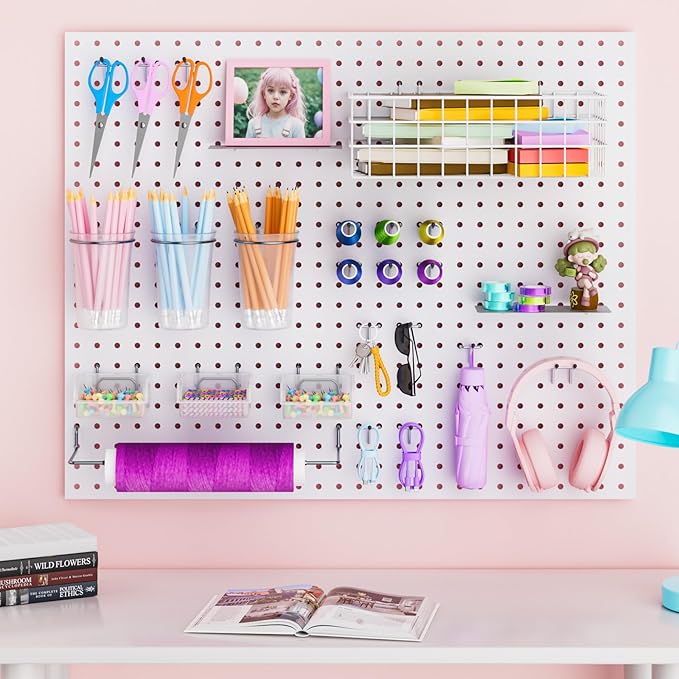 INCLY 30PCS Peg Board Organizer Accessories Kit, Pegboard Hooks Assortment with Bins, Cups, Wire Baskets and Paper Towel Holder for 1/8“ and 1/4” Pegboard Garage Workbench Craft Room Organizing Tools